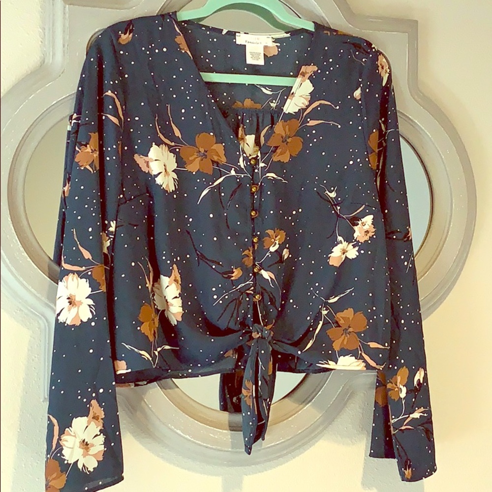 Dark teal floral blouse with tie front
